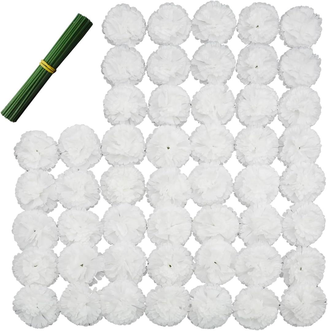 Artificial Carnation Flower, 50pcs Silk Faux Flower Heads with Stem, for DIY Wreath, Wedding Decor, Handmade Flowers, Table Centerpieces, Home Decor, Baby Shower, Graduation Decor (50, White)