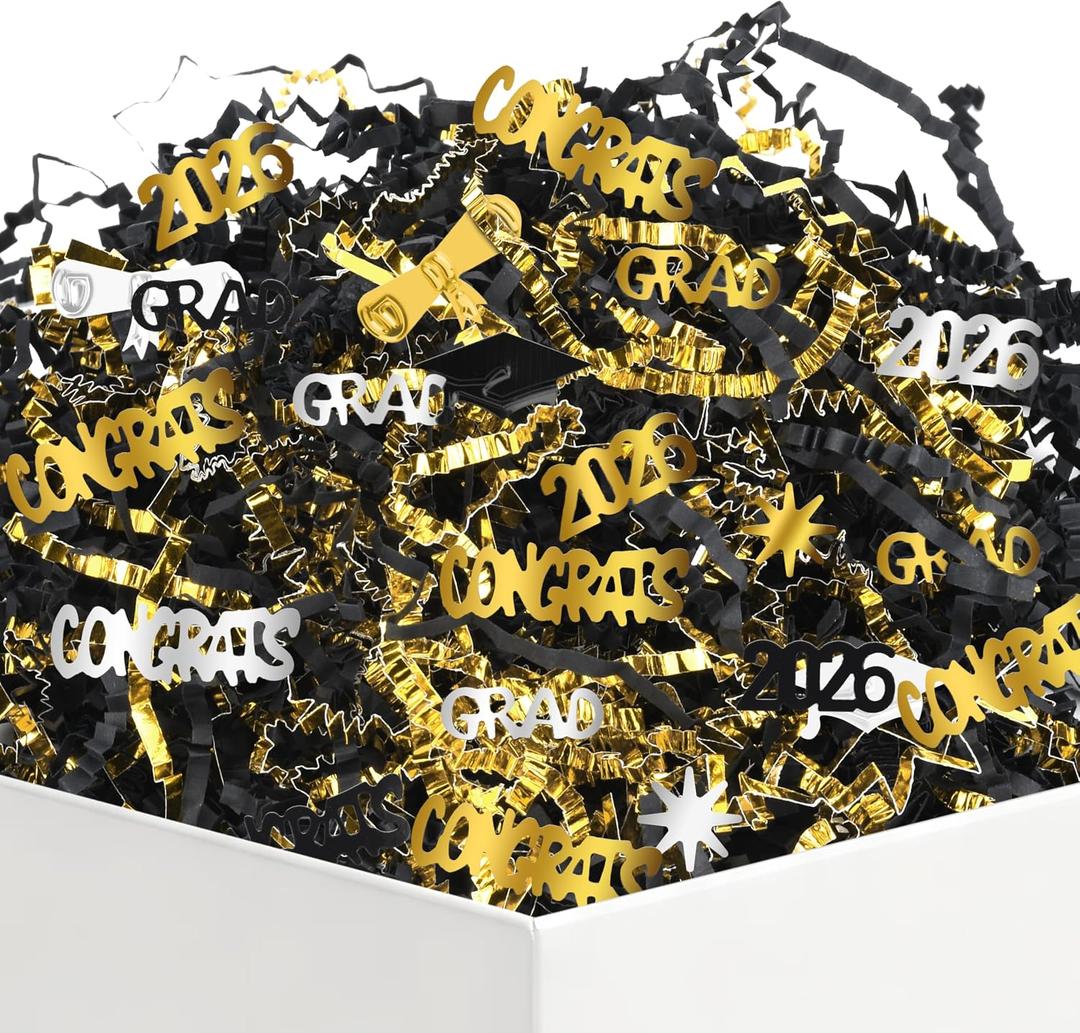 Graduation Crinkle Cut Paper Shred, 115g/4.1oz Black Gold Shredded Paper with Confetti Stuffing for Gift Wrapping Boxes Graduation Party Decorations Gift Basket Packaging Supplies