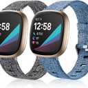Maledan Bands Compatible with Fitbit Versa 3 & Sense, Breathable Woven Fabric Adjustable Stylish Strap for Women & Men, Small Charcoal Indigo Blue
