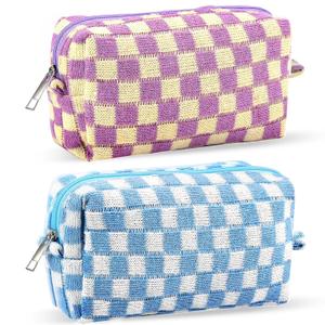 ZLFSRQ 2Pcs Checkered Makeup Bag for Women Medium Travel Cosmetic Bags Checkered Makeup Pouch for Purse Zipper Toiletry Bag Organizer Cute Y2K Aesthetic Trendy Adults Preppy Pencil Bags(Blue/Purple) (BN Checkered 2Pcs M Blue/Purple)