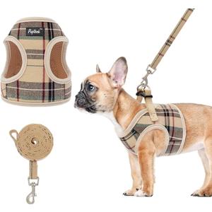 PUPTECK Soft Mesh Dog Harness and Leash Set Step-in Plaid Puppy Padded No Pull Vest Harness for Dogs Cats Outdoor Walking, Beige S (S (Chest Girth 14"-15"))