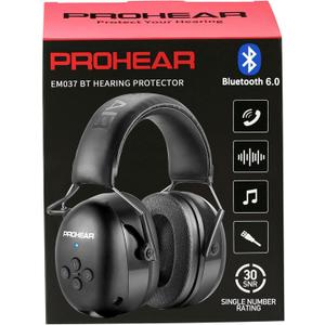 PROHEAR 037 Bluetooth 6.0 Hearing Protection Headphones with Rechargeable 1500mAh Battery, 30dB SNR Safety Noise Reduction Ear Muffs 120H Playtime for Mowing, Workshops, Snowblowing - Black, 6.29*4.13*8.07 Inches