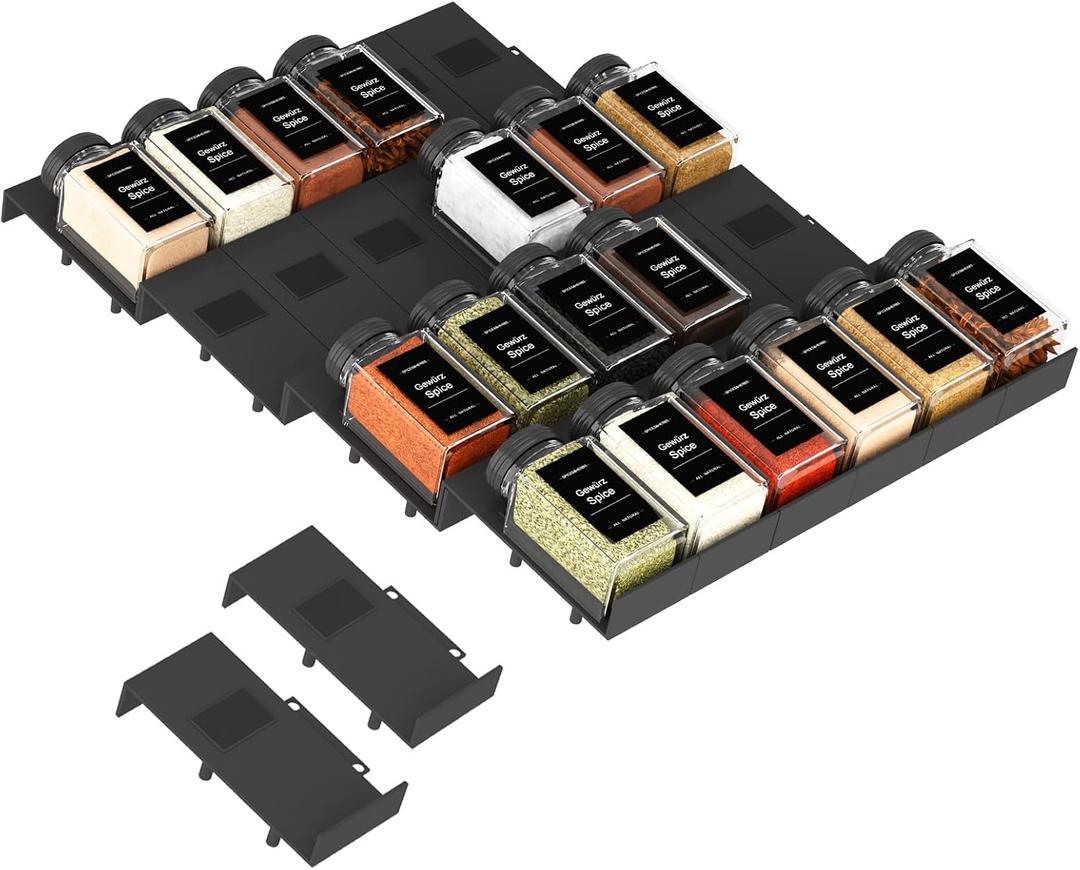 Famhap Spice Drawer Organizer, 24PCS Interlocking Expandable Seasoning Rack Tray Insert for Kitchen Drawers, Spice Rack Drawer for Spice Jars (Black)