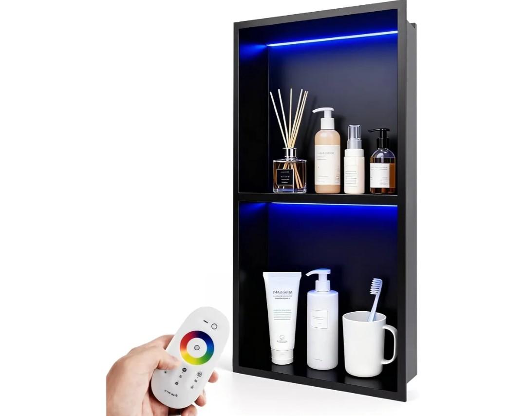 LED Shower Niche 12" X 24" RGB Shower Niche No Tile Needed304 Stainless Steel Shower Niche with Light, IP65 Waterproof Bathroom Niche for Shower, Remote Control, Static & Dynamic Mode