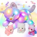 Hopearl LED Musical Stuffed Cat Lighting Up Singing Plush Toy Playset Mommy Cat with 3 Baby Kittens in her Tummy Lullaby Animated Soothe for Mom Kids Toddler Girls, Rainbow, 18''