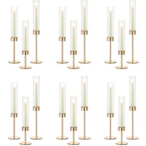 NUPTIO Hurricane Glass Candles Holder: 18 Pcs Gold Taper Candle Stick Holder Bulk - Modern Candlestick Decor with Tall Ribbed Chimney Sleeve for Thanksgiving Christmas Centerpiece