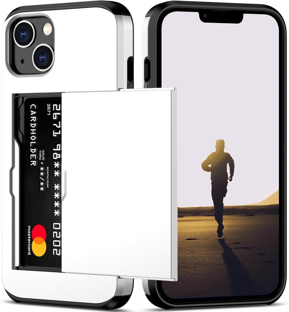 Nvollnoe for iPhone 13 Case with Card Holder Heavy Duty Protective Dual Layer Shockproof Hidden Card Slot Slim Wallet Case for iPhone 13 for Women & Men (White)