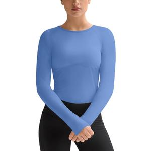 Zengjo Women's Long Sleeve Workout Tops Slim Fitted Moisture Wicking Running Gym Exercise Shirt,Nylon Spandex Athletic Tees, Large, Blue 