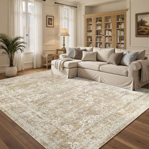 Madane Washable 6x9 Area Rugs for Living Room, Vintage Natural Rug with Non-Slip Backing, Soft Stain Resistant Throw Rugs Thin Carpet for Bedroom Dining Room Farmhouse (6 x 9, Beige/Brown)