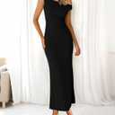 BTFBM 2026 Summer Wedding Guest Dresses for Women One Shoulder Bodycon Ruched Mesh Formal Cocktail Spring Fall Maxi Dress (Black, L)