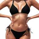 Women's Triangle Bikini Sets Two Piece Double Straps Halter Swimsuit Tie Side String Cheeky Bathing Suits (Black, Small)