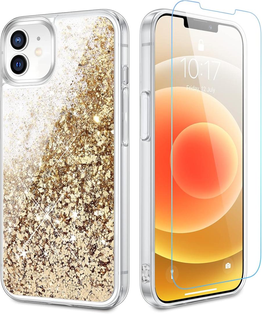 Caka Glitter Case for iPhone 12/12 Pro for Women Girls, Bling Sparkle Liquid Phone Cover with Screen Protector, Sparkly Girly Flowing Floating Moving Quicksand Accessories - Gold