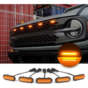 5 Pcs Front LED Grill Lights Compatible with Ford Bronco Accessories 2021 2022 2023 2024 2/4 Door Badlands Wildtrak Everglades & First Edition with Fuse & Wiring Harness (Amber Light with Amber Shell)