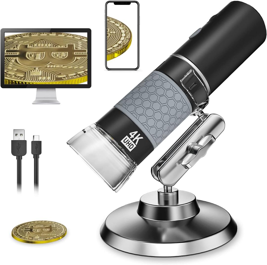4K 3840x2160P Wireless Digital Microscope, Handheld HD USB Inspection Camera Endoscope 50x-1000x Magnification, Compatible with iPhone iPad Android Phone Tablet Windows Mac (with Stand)
