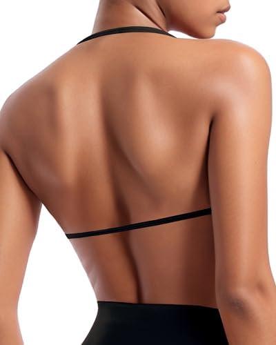OMKAGI Halter Sports Bras for Women Padded Strappy Bra Open Back Workout Gym Crop Small