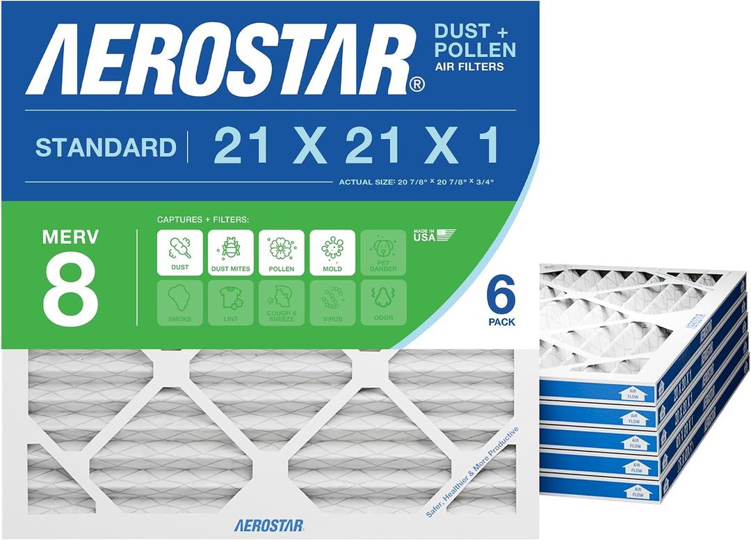 Aerostar 21x21x1 MERV 8 Pleated Air Filter, AC Furnace Air Filter, 6 Pack (Actual Size: 20 7/8" x 20 7/8" x 3/4")