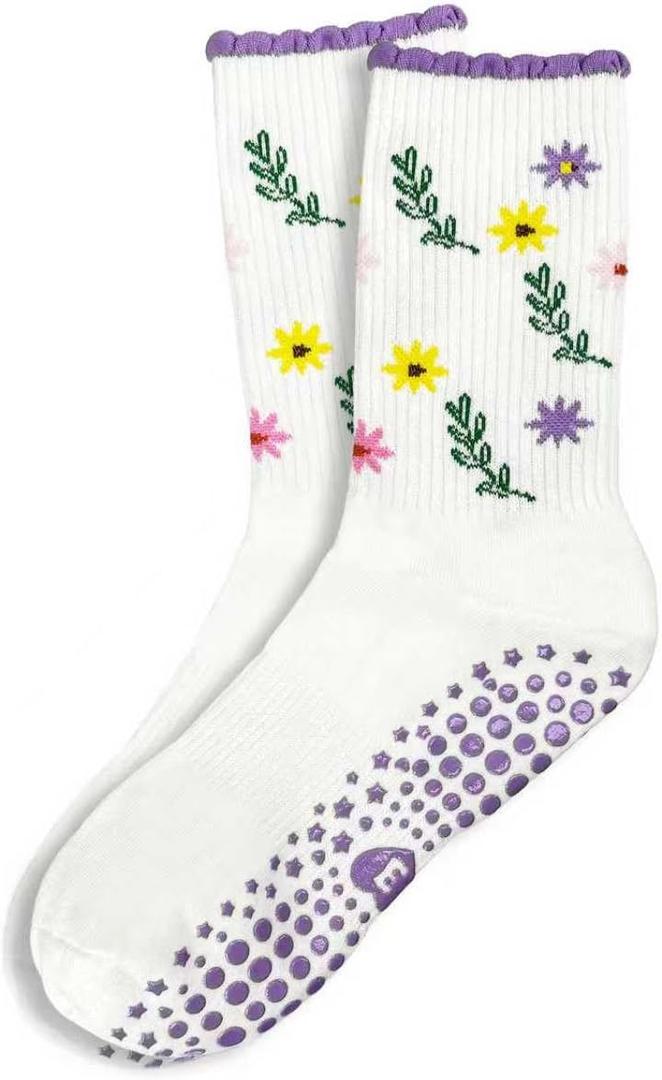 Women Floral Grip Socks Non Slip Cotton Crew Socks 1 Pair / 3 Pairs Soft Cute Flower Socks (US, Alpha, One Size, Regular, Regular, 1, White Purple Flowers