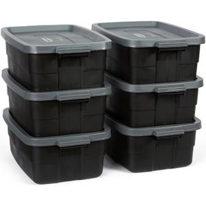 Rubbermaid 6-Pack Totes for Storage with Lids, Heavy Duty Plastic Storage Bins with Lids, Black Gray, 10 GAL - Stackable for Garage, Attic, Camping (10 GAL - 6 Pack Solid Black and Grey)