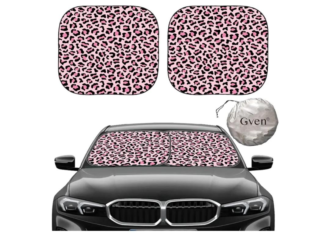 Gven Windshield Sun Shade 2pcs with Bonus Pink Car Sunshade for Front Window Shades 2025 Technology Reflect UV and Heat Sun Visor Automotive Accessories Interior Sun Protection (Pink Leopard, M)