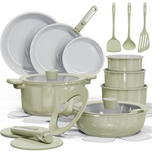 CAROTE 25pcs Ceramic Cookware Set Nonstick, Pots and Pans Set Non stick, Non Toxic Cookware, Dishwasher/Oven Safe, RV/Camping Cookware Set, Pan and Pot with Kitchen Utensils, Green