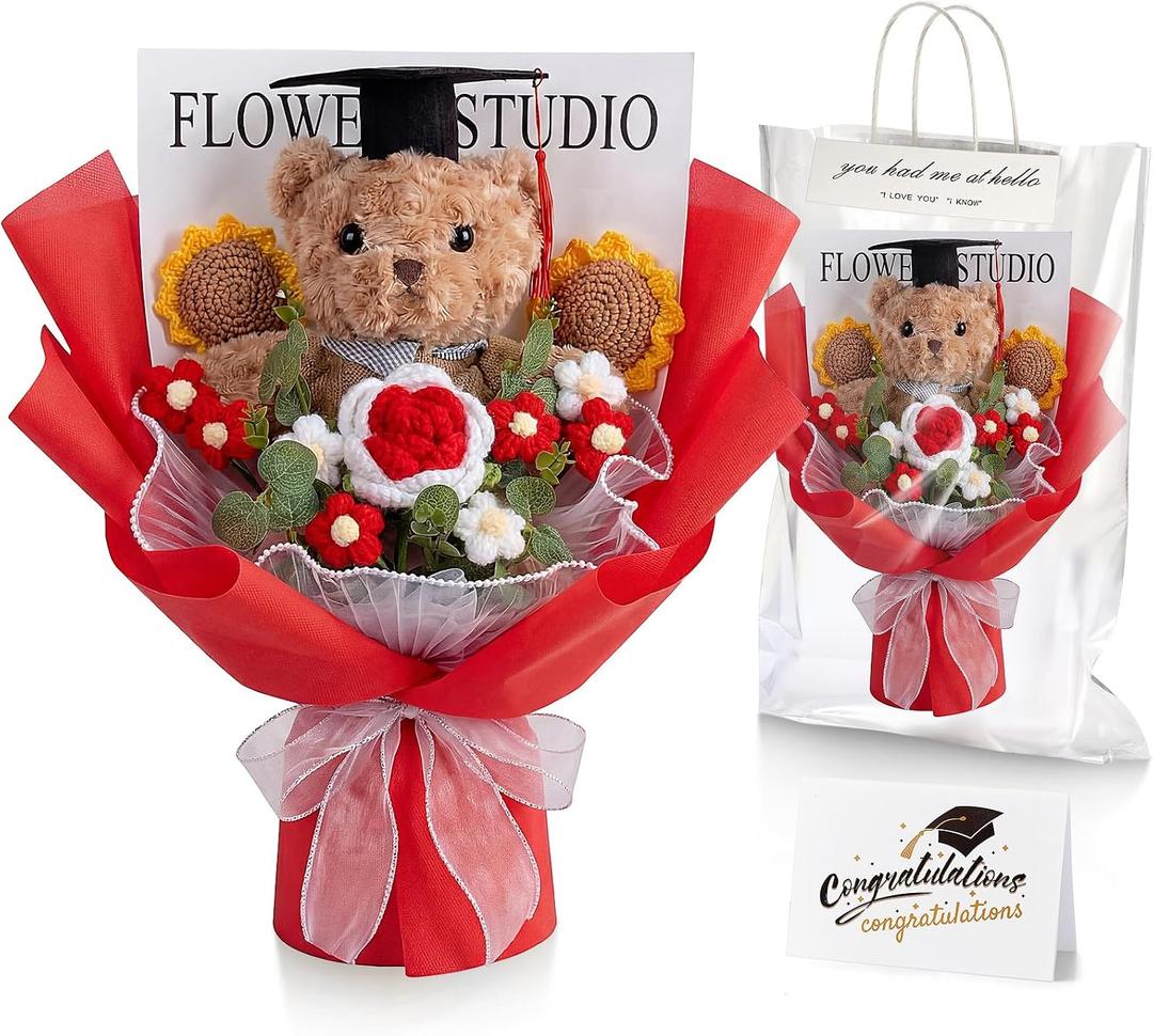 Giegxin Large Graduation Crochet Flowers Bouquet Set 2026 Grad Cap Plush Bear Hand Knitted Rose Tulip Daisy Sunflower Bouquet Greeting Card Gift Bag for Wedding Birthday Party(Red)