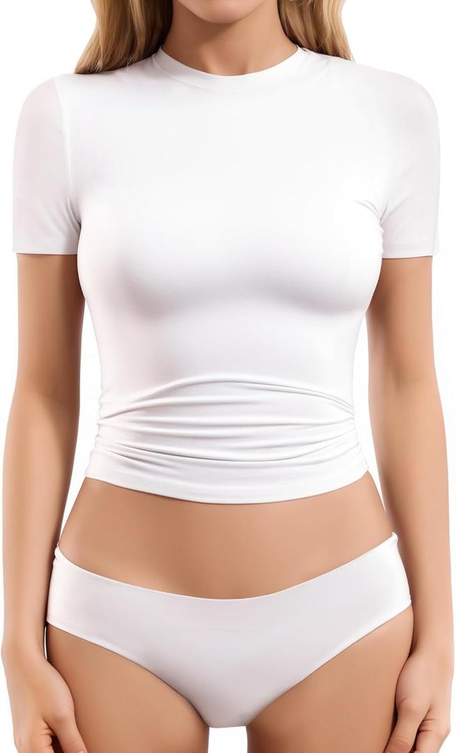 MANGOPOP Double Lined Short Sleeve Tops for Women Crew Neck T Shirts Basic Tee Womens Going Out Tops Trendy 2026 (X-Large)