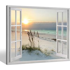 Sea Whisper Beach Window Canvas Wall art: tropical Sunrise Seascape Picture Coastal Ocean Painting Open Window Artwork Print for Bathroom Decor(12x16)
