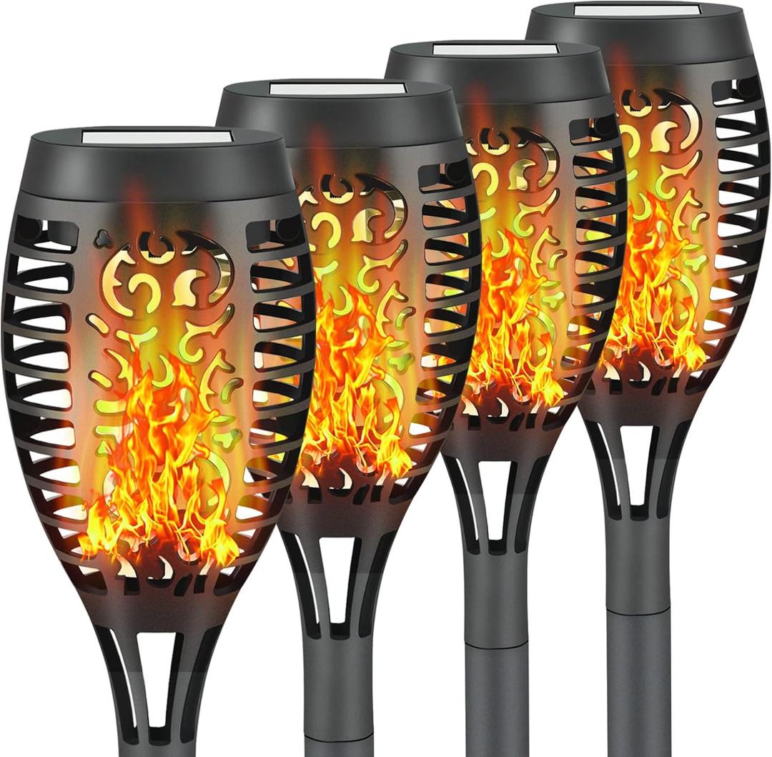 4 Pack Led Solar Torch Light with Flickering Flame Outdoor Waterproof Halloween Decorations, Solar Torches Stake Lights, Auto On/Off Garden Lights Christmas Decorations