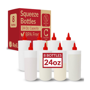 Reli. Plastic Squeeze Bottles, 24 oz. | 8 Pack | Condiment Squeeze Bottles for Sauces | White w/Red Twist Cap | Large 24 Ounce | Use for Condiments, Olive Oil, Liquids