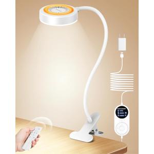 Glocusent 72 LED Clip on Lamp with Remote, Reading Light with Amer Ring Night Light, 3 Colors & 5 Dimmable Desk Lamp with Clamp, Auto-Off Timer for Night Reading, Bed Light for Headboard/Dorm/Bunk (White)