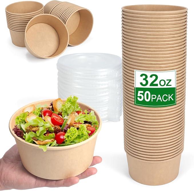 50 Pcs 32 Oz disposable meal prep containers，paper bowls with lids，disposable soup bowls，soup bowls disposable hot/cold，disposable salad bowls with lids，