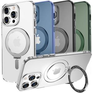 MAGIC JOHN Magnetic Case for iPhone 13 Pro Max Phone Case[Compatible with Magsafe] [with Magnetic Mental Stand][Military Grade Shockproof][Anti Yellowing],Translucent Matte Back with Soft Edge,Clear