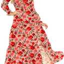 Dokotoo Women's Boho Maxi Dress Sexy V Neck Puff Long Sleeve Ruffle A-Line Split Swing Chiffon Dresses (M)