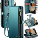 Defencase Compatible with iPhone 11 Case Wallet with RFID Blocking Card Holder for Women Men, Fashion PU Leather Magnetic Snap Flip Zipper Strap Wallet Phone Case Fit for iPhone 11 6.1", Blue Green