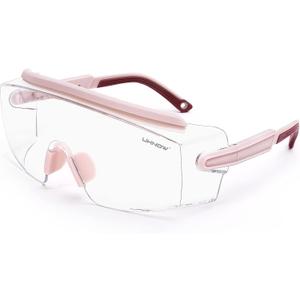 UKNOW Safety Goggles Over Glasses, Anti Fog Safety Glasses with Clear Wraparound Lens, ANSI Z87.1 Protective Eyewear (Pink)
