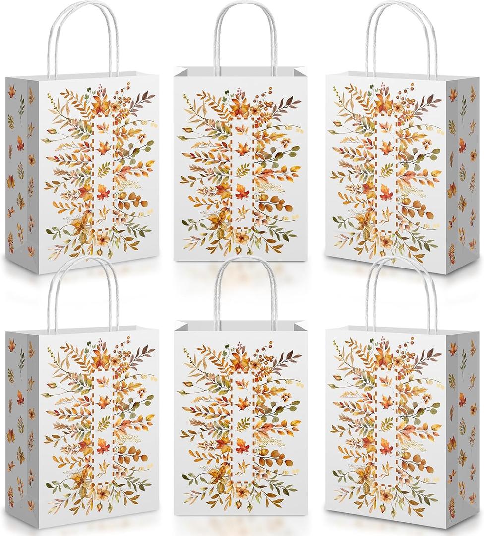 Kolldenn 24 Pcs Thanksgiving Paper Gift Bags Bulk Fall Maple Leaves Gift Bags with Handles Wildflower Floral Seasonal Design for Fall Thanksgiving Wedding Birthday Party Favor Supplies