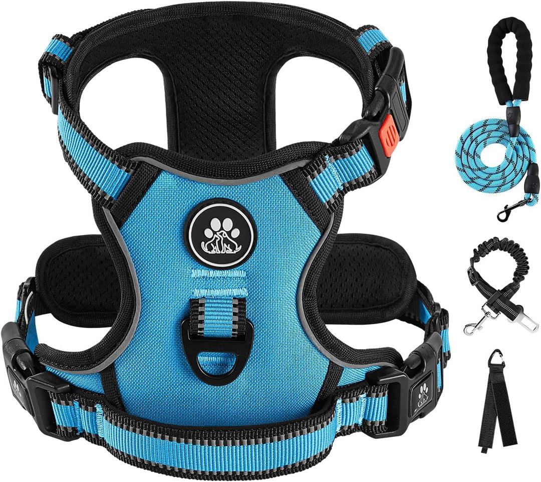 IVY&LANE No Pull Dog Harness for Small Dogs, Dog Vest Harness with Leash, Safety Belt and Storage Strap, Fully Adjustable Harness, 360 Reflective Strip, Soft Handle (Blue, S)