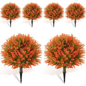 Yunlly 6 Pcs 18 Inch Fall Artificial Boxwood Ball Topiary Tree Outdoor Plants Bush, UV Resistance Faux Shrub with Spike Fall Porch Decor for Indoor Garden Yard Porch Patio Decor (Orange)