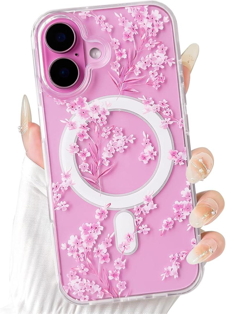 NITITOP Compatible with iPhone 16 Plus Case Clear Magnetic Compatible with MagSafe Cute Flowers Floral Leaves for Women Girls Hard PC Back Shockproof Protective Phone Cover - Pink