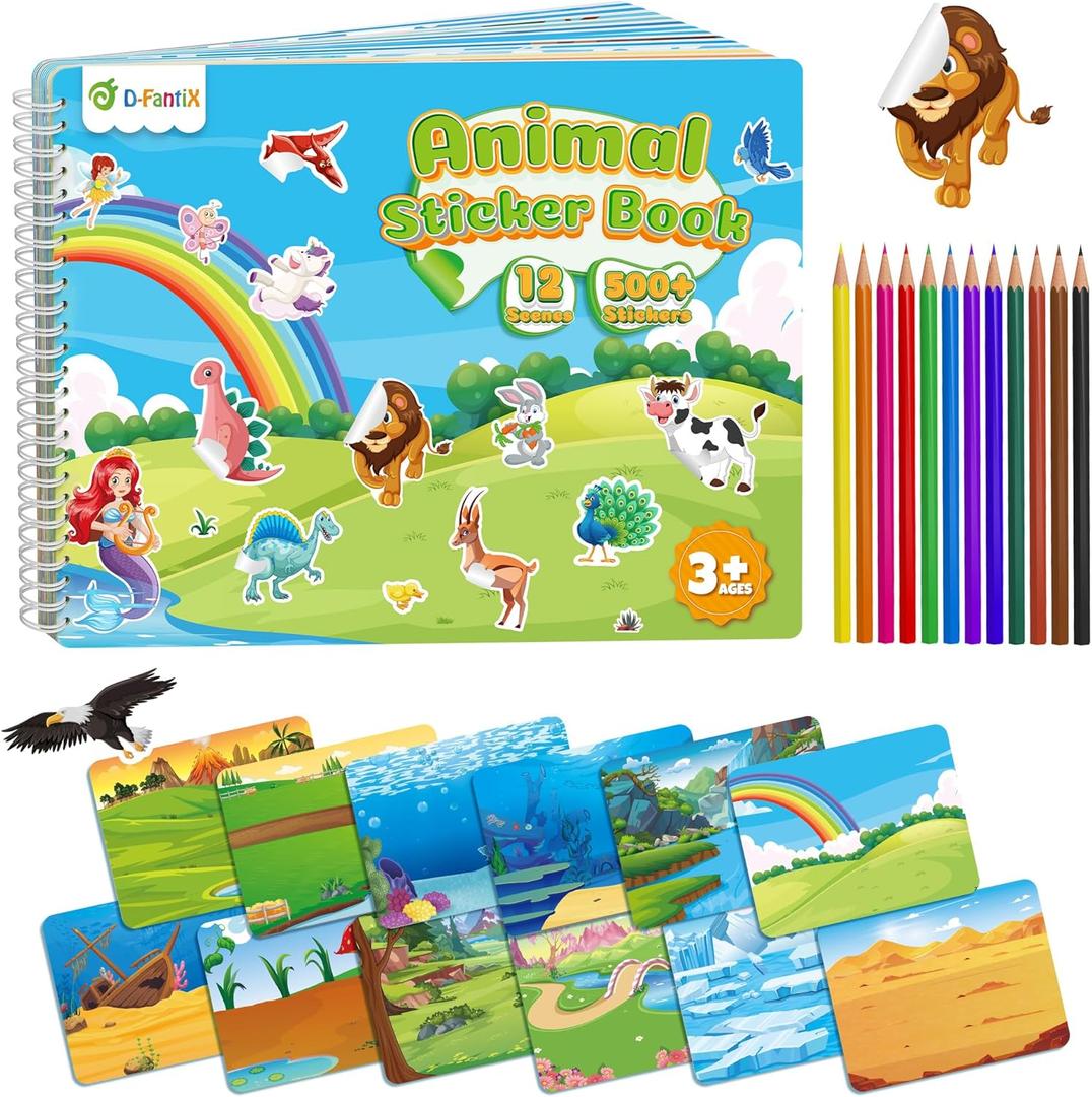 D-FantiX Animal Sticker Books for Toddlers 2-4 Years, Coloring Books for Kids Ages 2-4-6-8, 500+ Kids Stickers, Toddler Toys Road Trip Activities, Gifts for Girls Boys, Christmas Stocking Stuffers