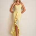 KUTUMAI Elegant Ruffle Long Formal Wedding Guest Dress Ruched Bodycon Slit Maxi Cocktail Dresses for Women (Yellow, XL)