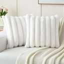 FUTEI Cream White Decorative Throw Pillow Covers 18x18 Inch Set of 2, Square Soft Faux Rabbit Fur Big Striped Cushion Cover,Home Decor for Couch Sofa Bed Living Room
