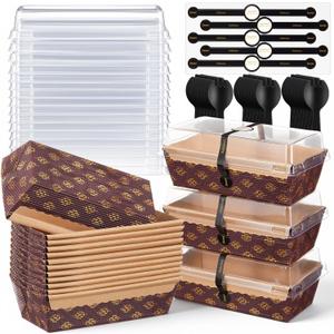 Teecyhooo 50 Pcs Paper Loaf Pan with Lids, Disposable Paper Baking Pans Mold with Plastic Black Spoons Sealing Sticker for Baking Bread, Small Meatloaf, Cake, Sweets, Oven, Bakery, 5.9 x 2.5 x 2''