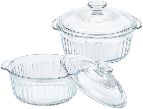 M MCIRCO 4-Piece Glass Casserole Baking Dish, Set of 2 Casseroles With Glass Lids, 1.7 Qt and 2.5 Qt, Round (One Pot Has A Broken Handle)
