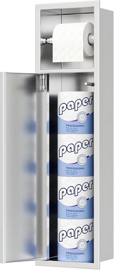 Neodrain Recessed Toilet Paper Holder, Brushed Toilet Tissue Holder with Storage Cabinet for Toilet Brush Holder, 304 Stainless Steel Wall Bathroom Roll Paper Holder