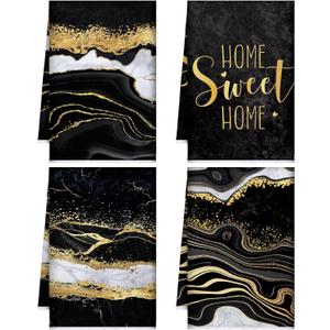 Geyoga 4 Pcs Christmas Marble Kitchen Towels Black and Gold Hand Dish Towels Absorbent Marble Tea Washcloths for Christmas Xmas Winter Bathroom Decor Kitchen Accessories Gifts