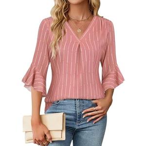 Blooming Jelly Womens 3/4 Length Sleeve Tops Summer Dressy Business Casual Blouses Work Shirts Chiffon V Neck Outfits 2025 Size M