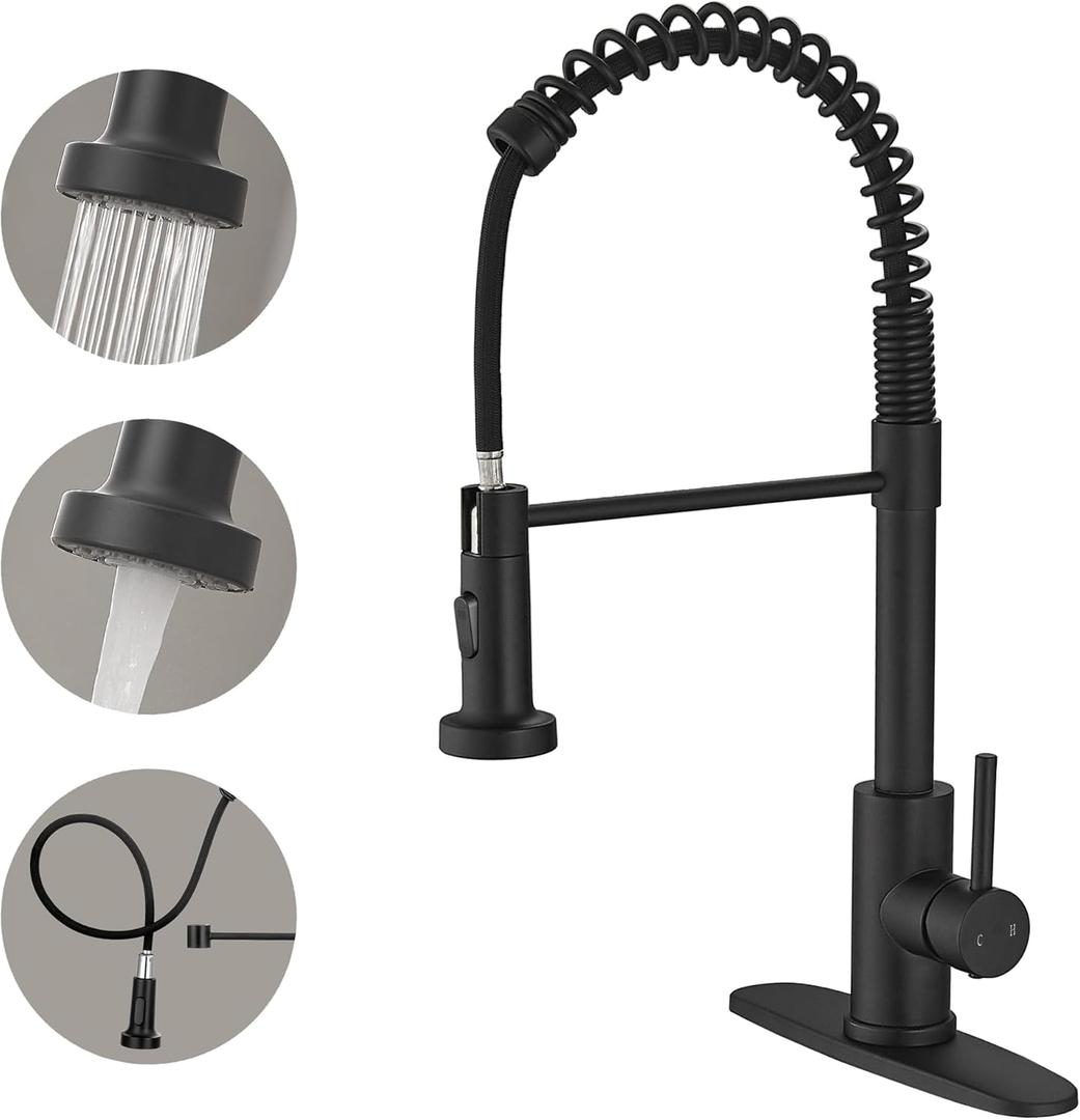 VOTON Black Kitchen Faucet with Pull Down Sprayer Pull Out Kitchen Sink Faucet Stainless Steel Commercial Spring Farmhouse faucets for Kichen Sink Camper Laundry Utility Rv Bar Sink Faucet, Black