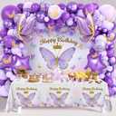 Purple Balloon Arch Kit with Foil Butterfly Balloons, Happy Birthday Backdrop & Tablecloth Decorations for Girl's Party