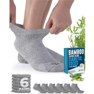 Doctor's Select Viscose Bamboo Ankle Diabetic Socks for Women and Men - 6 Pairs | Super Soft, Non Binding, Loose Wide Top (Gray)